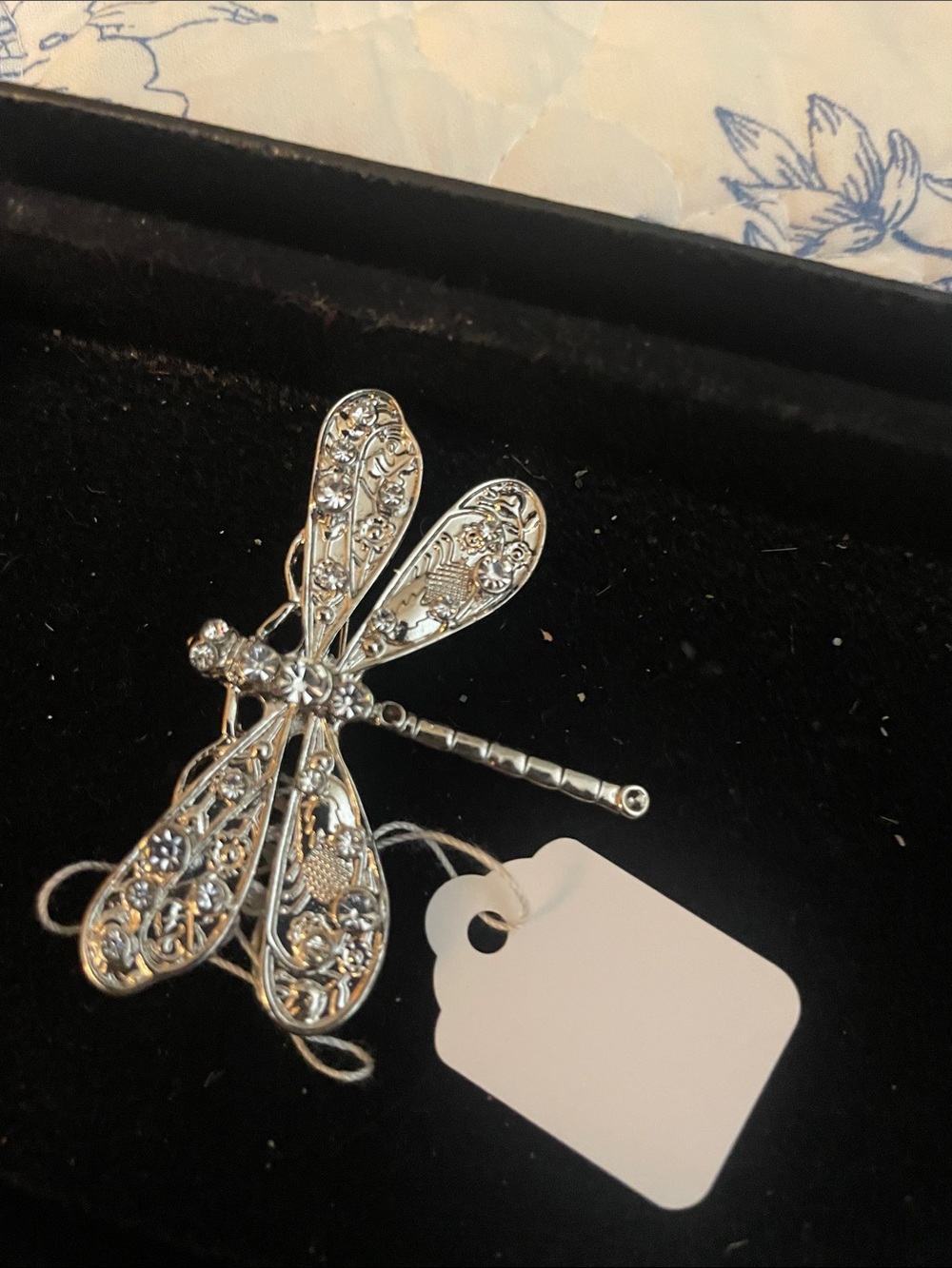 Elegant Silver Dragonfly Brooch with Filigree and Clear Accents